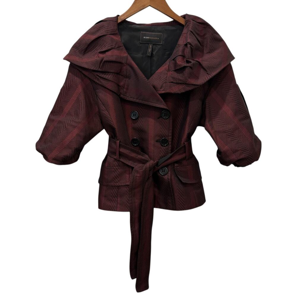 BCBGMAXAZRIA Trench Jacket Womens Medium Red Herringbone Belted Ruffle Short